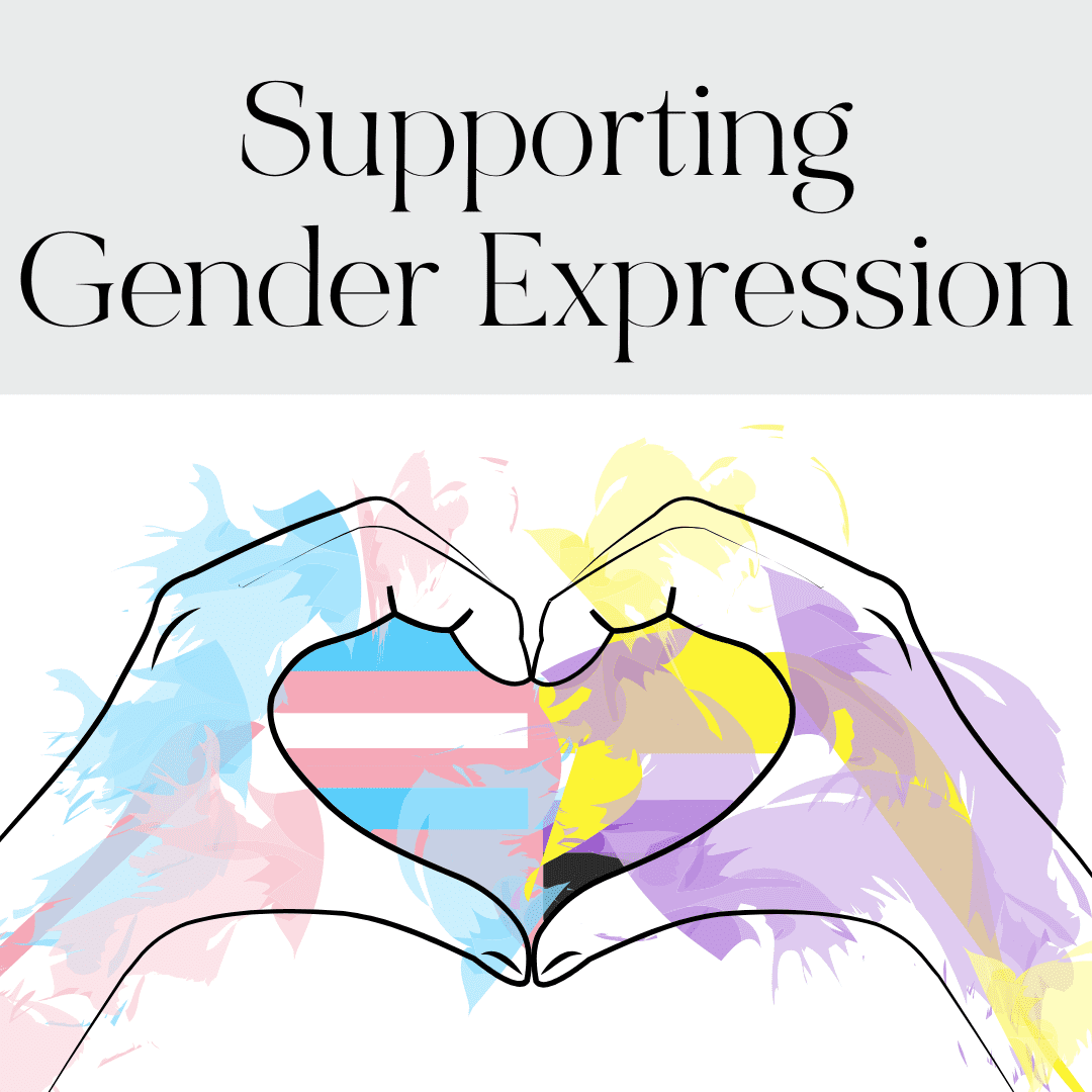 Supporting gender expression - heart hands shown with colors from the trans and nonbinary flags.