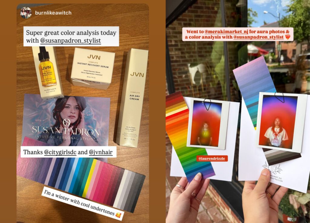 Color Anlaysis events by Susan Padron with images of aura photos and color palettes
