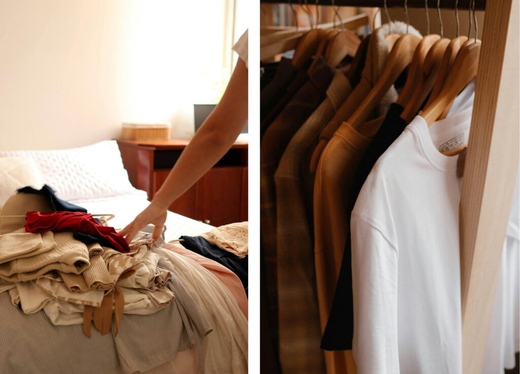 a person going through their wardrobe and doing an honest audit of what to keep and what to eliminate, to reduce wardrobe overwhelm