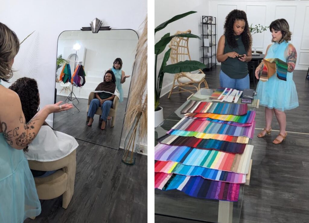 Susan Padron completing a 1:1 in-person color analysis session